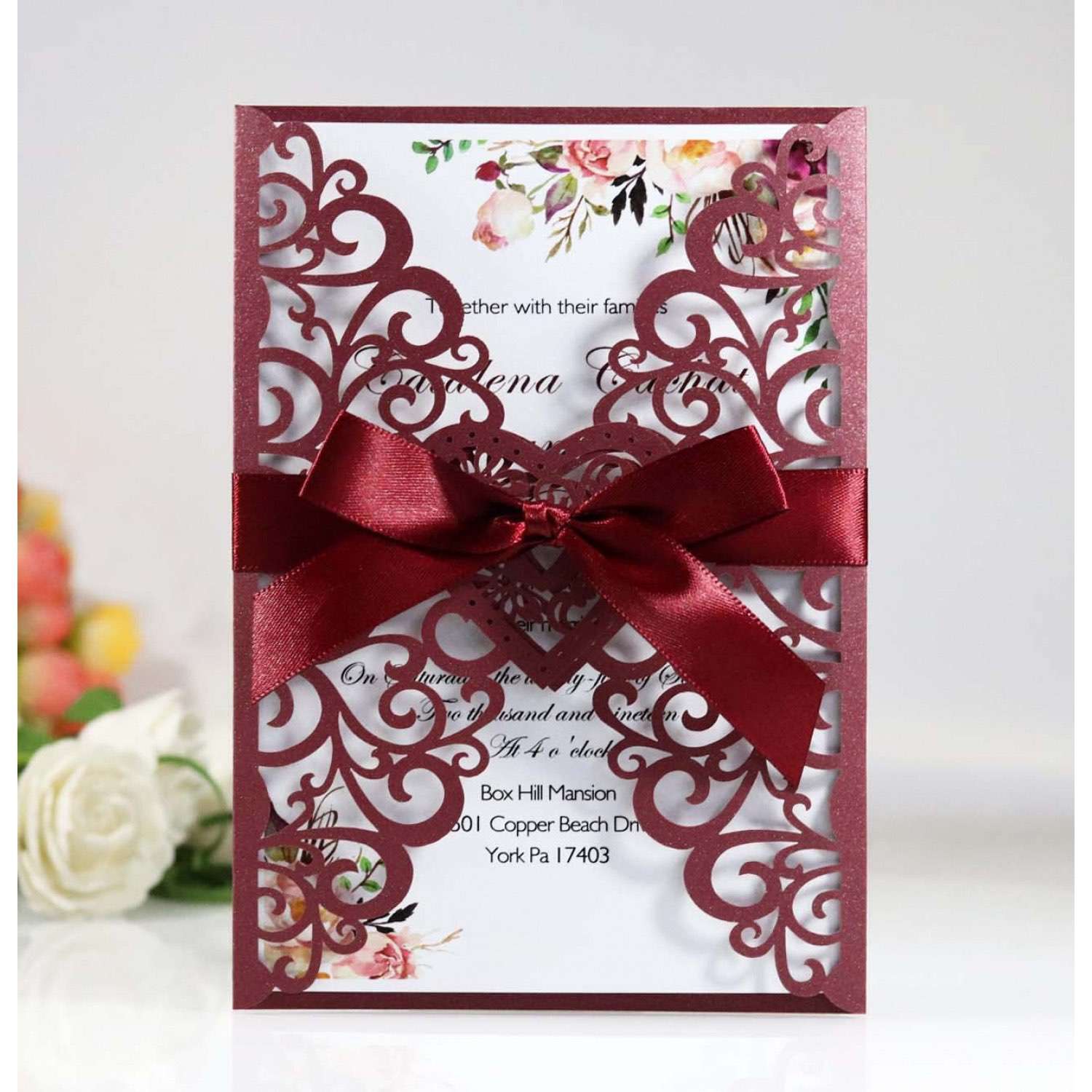 Holiday Greeting Card  Marriage Invitation With Ribbon Bow Laser Cut Paper